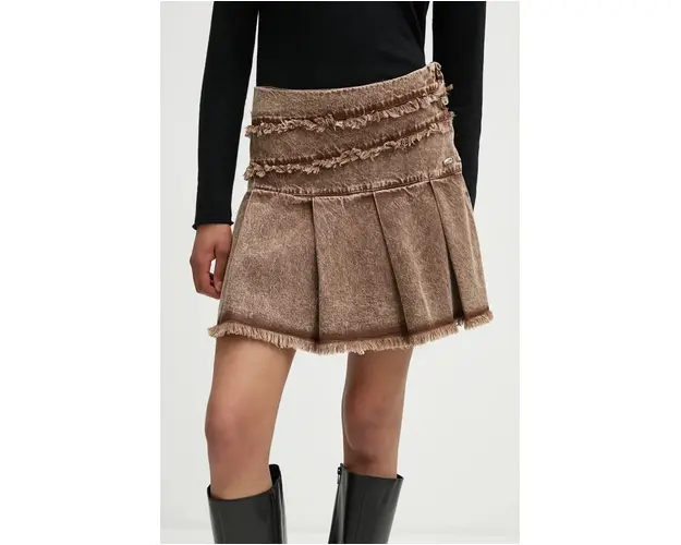 Résumé fusta jeans CalliopeRS culoarea maro, mini, evazati, 122691229