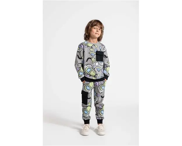 Coccodrillo pantaloni de trening pentru copii culoarea gri, modelator, WORLD OF PIXEL BOY KIDS