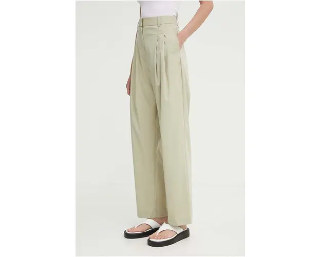 Samsoe Samsoe pantaloni SALUZY femei, culoarea verde, fason chinos, high waist, F24200070