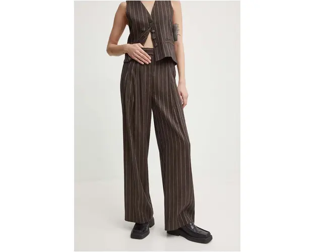 Day Birger et Mikkelsen pantaloni din in Enzo - Casual Linen Stripe culoarea maro, lat, high waist, DAY65243238
