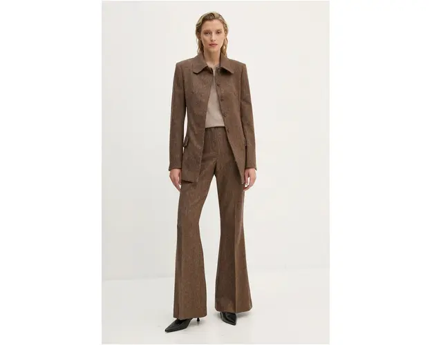 Remain pantaloni de lana Herringbone Flare Pants culoarea maro, evazati, high waist, 5018622977