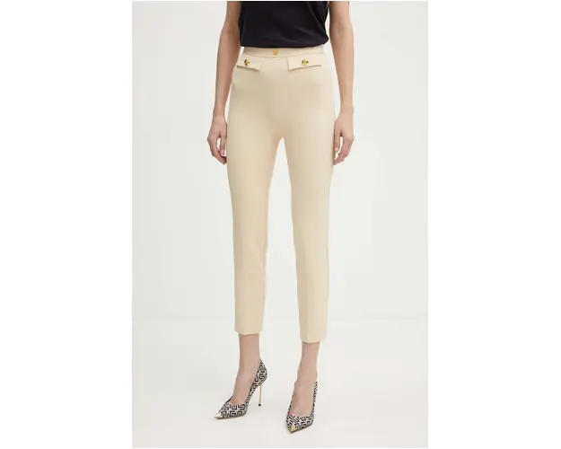 Elisabetta Franchi pantaloni femei, culoarea bej, mulata, high waist, PA02446E2