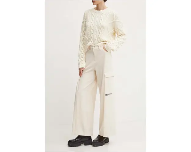 Karl Lagerfeld Jeans pantaloni femei, culoarea bej, drept, high waist, 245J1002