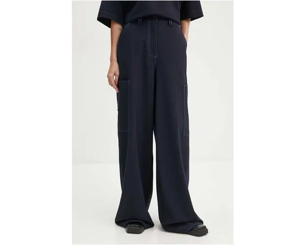 Sunnei pantaloni din lana culoarea albastru marin, drept, high waist, RTWWBOT002