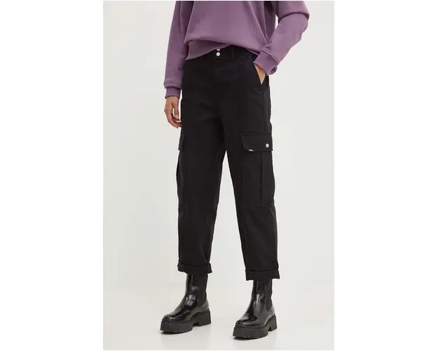 Vans pantaloni de bumbac culoarea negru, drept, high waist, VN000GWNBLK1