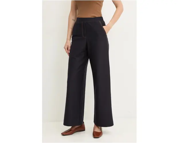 Max Mara Leisure pantaloni femei, culoarea albastru marin, drept, high waist, 2426786108600