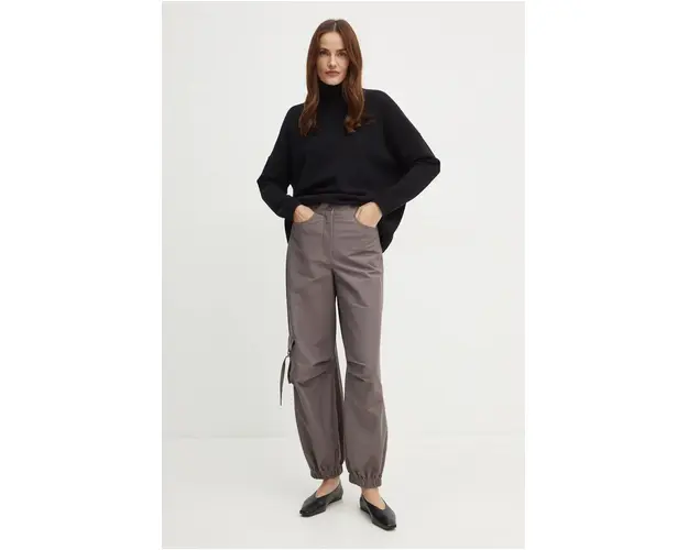 Max Mara Leisure pantaloni femei, culoarea gri, lat, high waist, 2426786118600