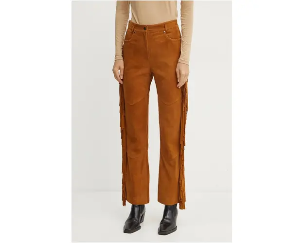 Weekend Max Mara pantaloni de piele intoarsa Joy Road x Lucy Hale culoarea maro, drept, high waist, 2425436016600