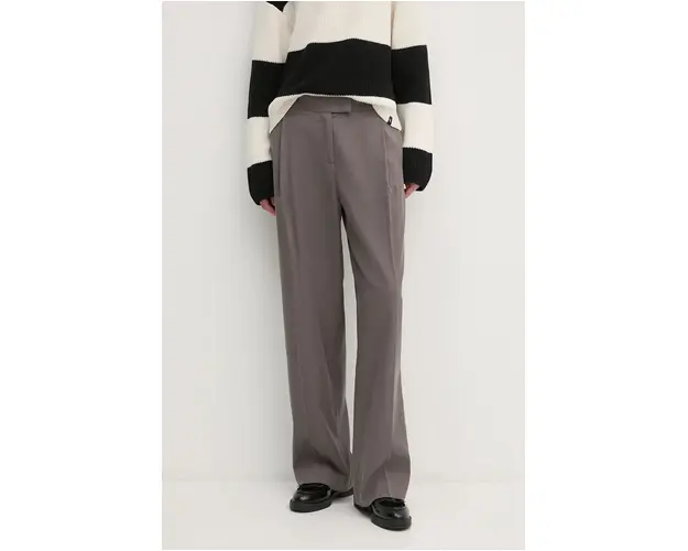 Sisley pantaloni femei, culoarea gri, drept, high waist, 4TKDLF05T