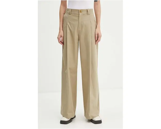 AERON pantaloni de bumbac culoarea bej, lat, high waist, PFPA249512