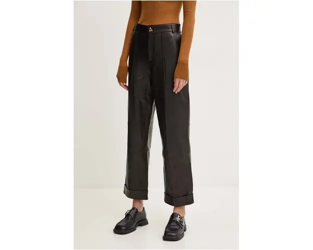 AERON pantaloni de piele femei, culoarea negru, drept, high waist, CRPA217019