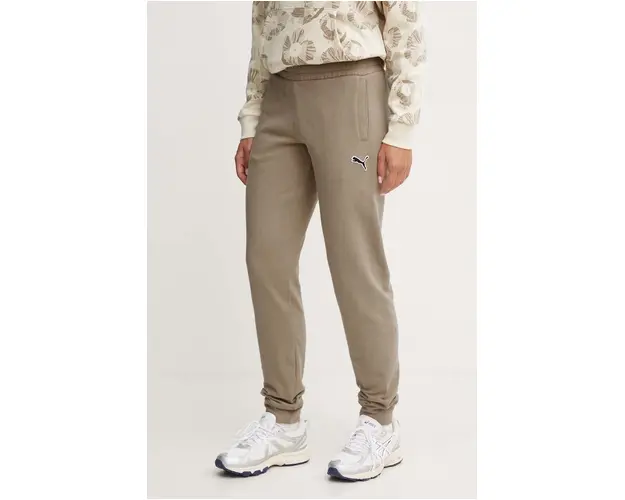 Puma pantaloni de trening din bumbac culoarea verde, neted, 676805