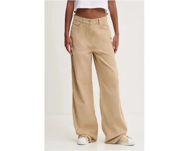Tommy Jeans pantaloni de catifea cord culoarea bej, drept, high waist, DW0DW19917