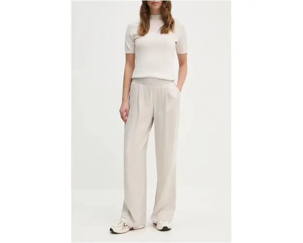 OUI pantaloni femei, culoarea bej, lat, high waist, 88773