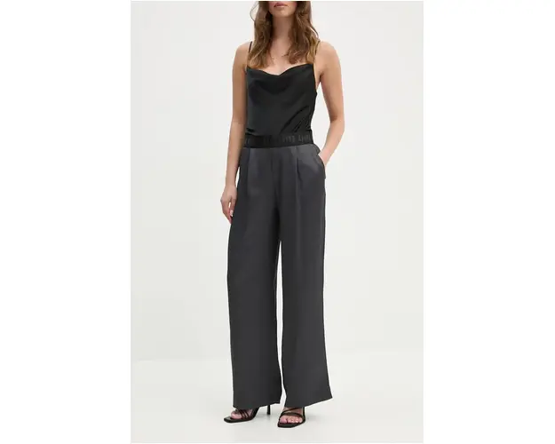 OUI pantaloni femei, culoarea gri, lat, high waist, 88773
