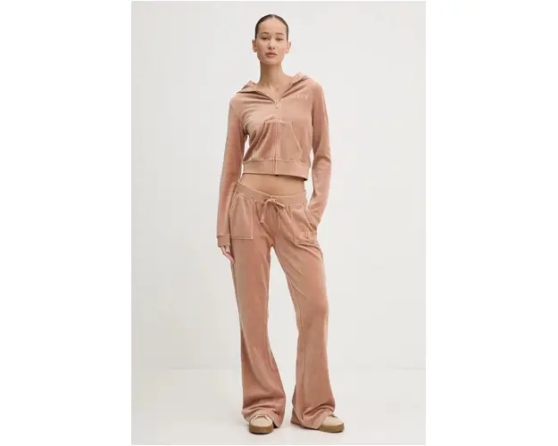 Juicy Couture pantaloni de trening din velur HERITAGE CROWN CAISA LOW RISE PANT culoarea maro, cu imprimeu, JCGBJ224012