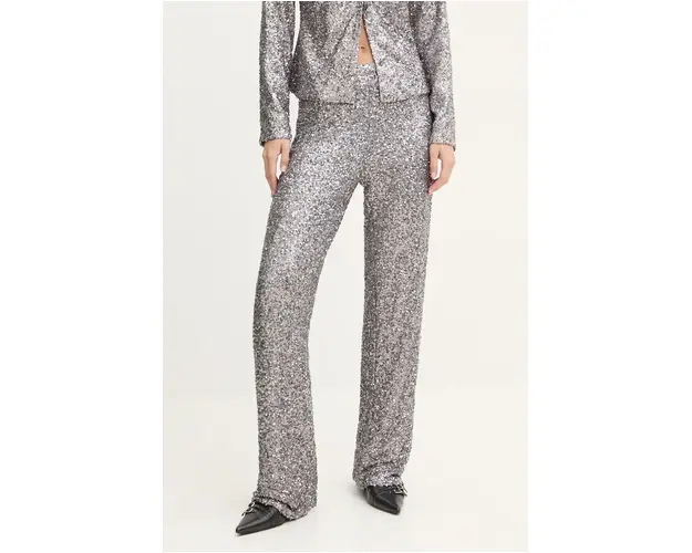 Never Fully Dressed pantaloni Gunmeal Sequin Freddie Trousers femei, culoarea argintiu, drept, high waist, NFDTR356