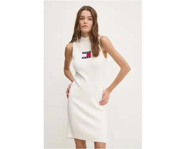Tommy Jeans rochie culoarea bej, mini, mulata, DW0DW18607