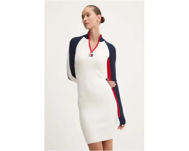 Tommy Jeans rochie culoarea bej, mini, mulata, DW0DW18701