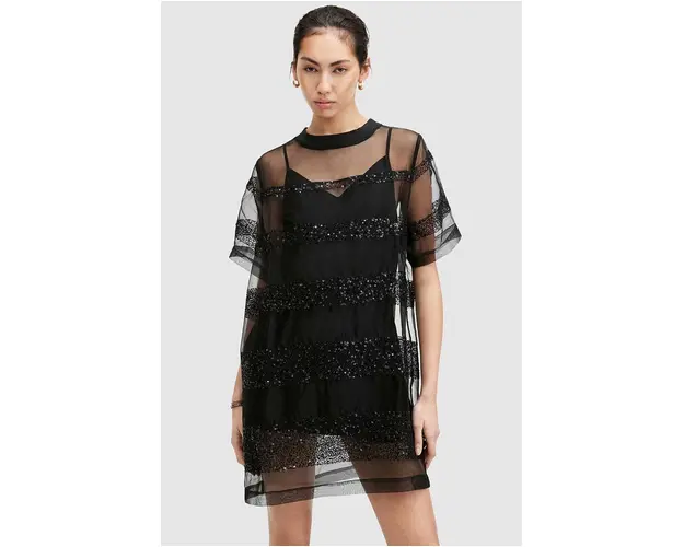 AllSaints rochie IZABELA EMB culoarea negru, mini, oversize, W006DA