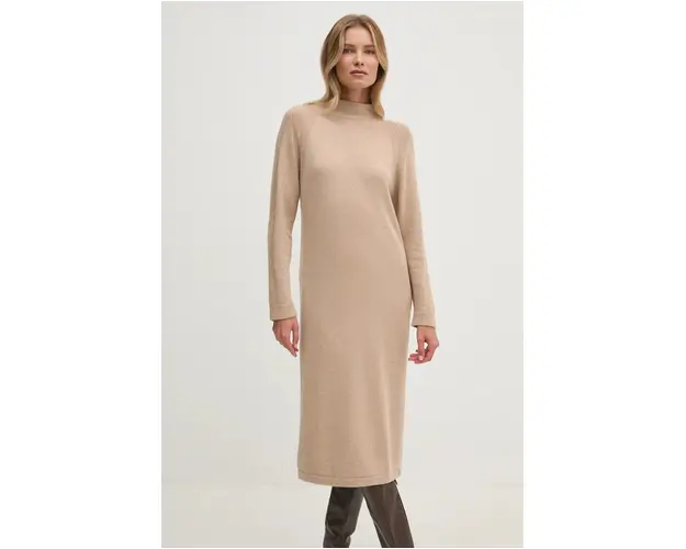 United Colors of Benetton rochie din amestec de lana culoarea bej, midi, oversize, 1235DV01T