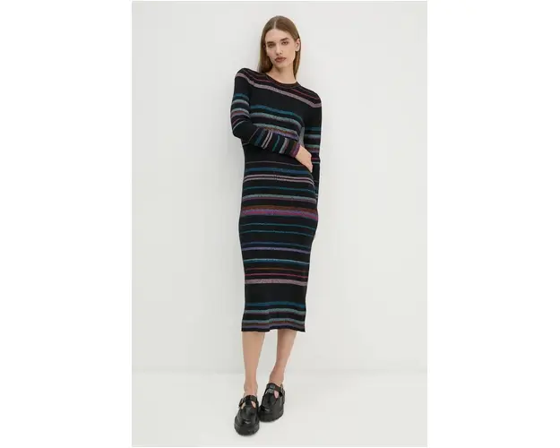 PS Paul Smith rochie din amestec de lana culoarea negru, midi, evazati, W2R.434N.N31243
