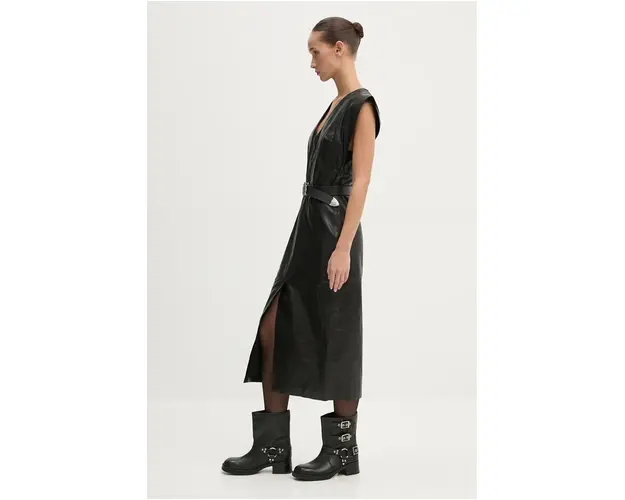 IRO rochie de piele culoarea negru, midi, drept, WM33PENELOPPE