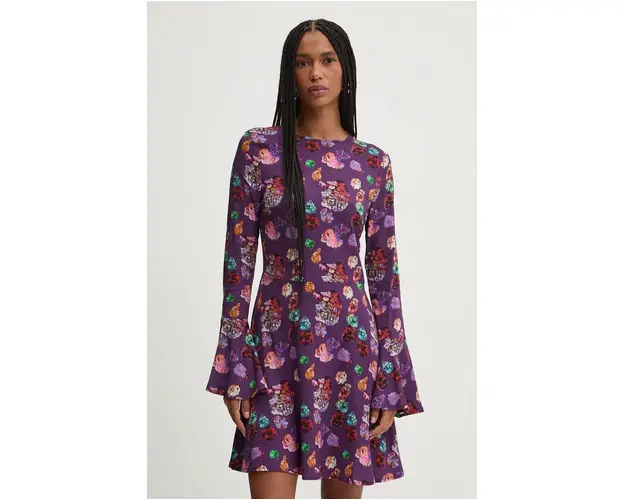Desigual rochie FLOWER SCRIBB culoarea violet, mini, evazati, 24WWVW16
