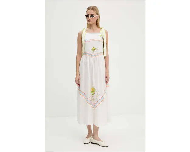 Never Fully Dressed rochie din amestec de in Corfu Midi culoarea alb, maxi, evazati, NFDDR1359