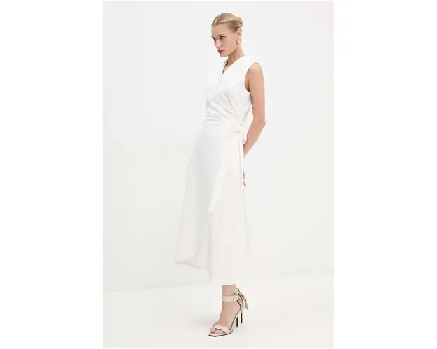 Never Fully Dressed rochie jeans Brooklyn culoarea bej, midi, evazati, NFDDR1501