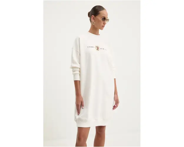 Tommy Jeans rochie culoarea bej, mini, oversize, DW0DW18715