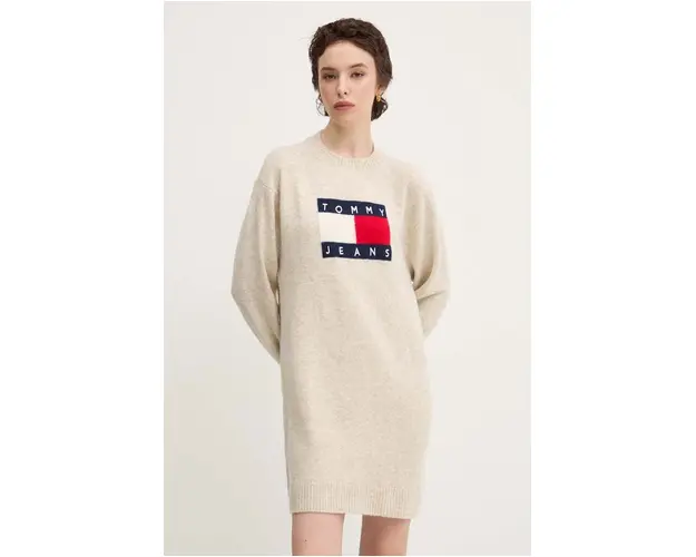 Tommy Jeans rochie din amestec de lana culoarea bej, mini, oversize, DW0DW18719