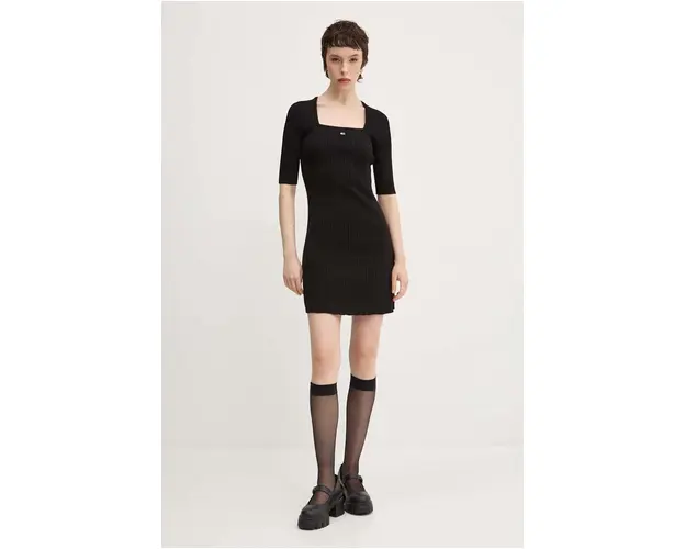 Tommy Jeans rochie culoarea negru, mini, mulata, DW0DW18732
