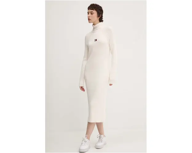 Tommy Jeans rochie din bumbac culoarea bej, midi, mulata, DW0DW19815