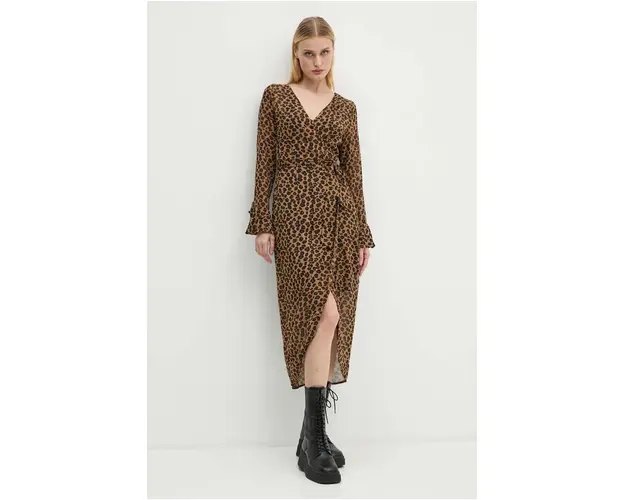 Never Fully Dressed rochie Leopard Sheer Wrap Dress culoarea maro, midi, evazati, NL28459