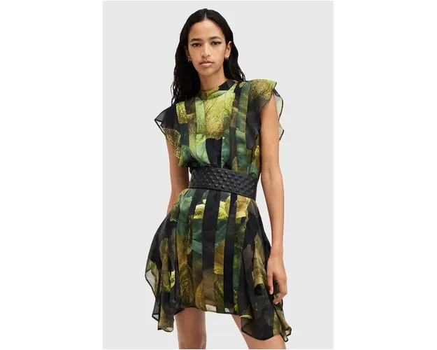 AllSaints rochie FLEUR culoarea verde, mini, evazati, W027DB