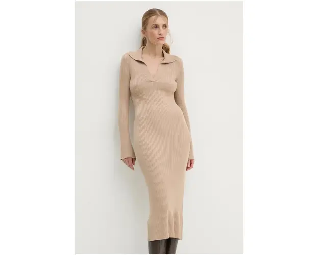 FROM FUTURE rochie din lana culoarea bej, midi, mulata, WRO01437