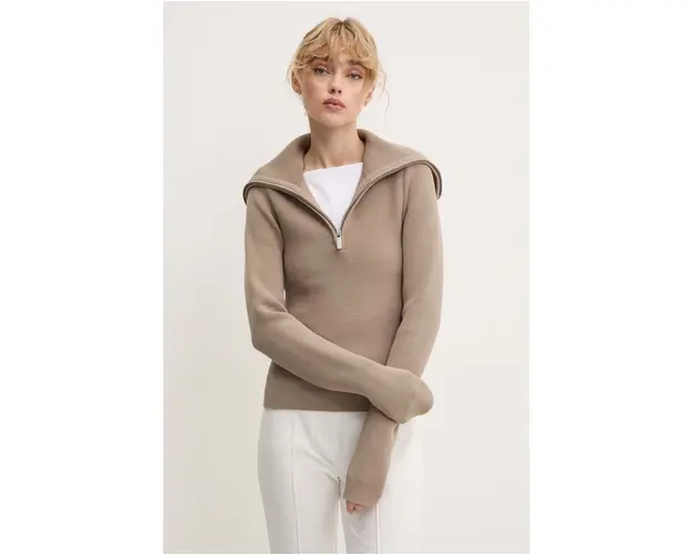 Remain pulover Zipped Collar Knit femei, culoarea bej, cu guler, 5017693001