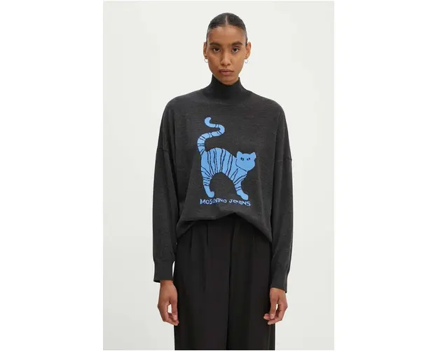 Moschino Jeans pulover de lana femei, culoarea gri, light, cu turtleneck, 0912.8203