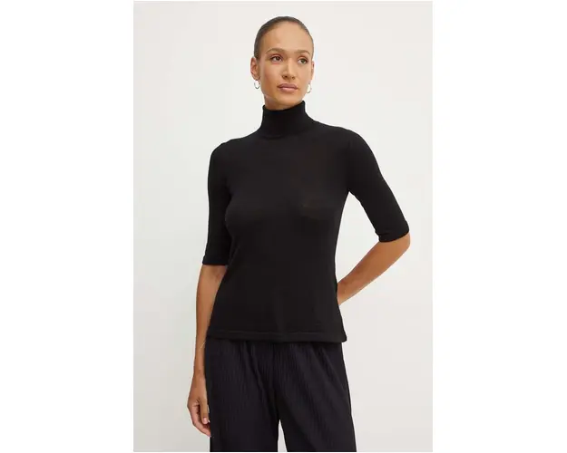 Max Mara Leisure pulover de lana femei, culoarea negru, light, cu guler, 2426366098600