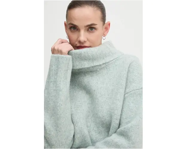 Barbour pulover de lana femei, culoarea turcoaz, calduros, cu guler, LKN1535