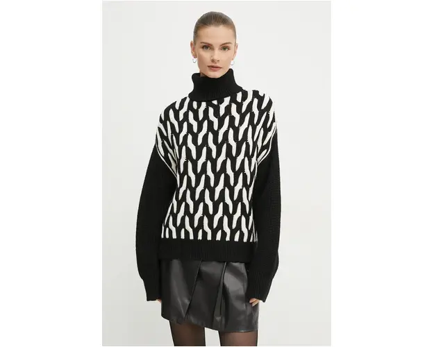 BOSS pulover de lana femei, culoarea negru, cu guler, 50523719