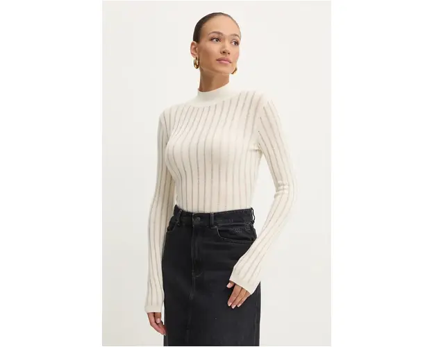 BOSS pulover de lana femei, culoarea bej, light, cu turtleneck, 50523736