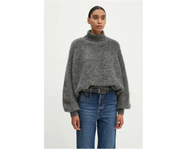 Gestuz pulover de lana femei, culoarea gri, cu guler, 10909425