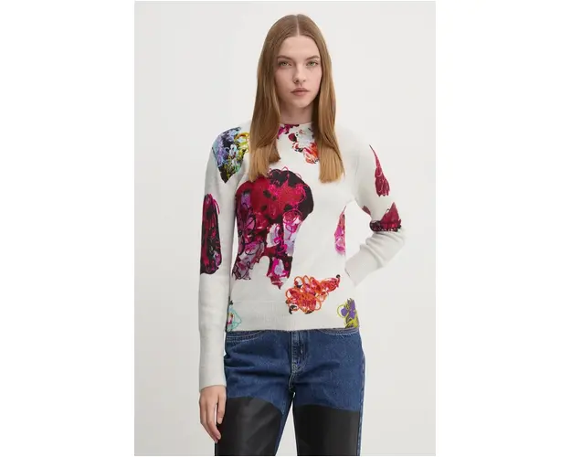 Desigual pulover MAXFLOWER SCRIBBL femei, culoarea gri, 24WWJF53
