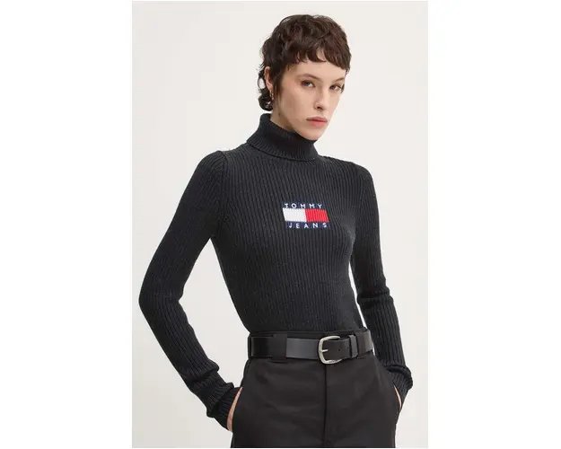 Tommy Jeans pulover din amestec de lana femei, culoarea gri, cu guler, DW0DW18678