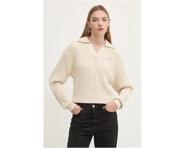 Tommy Jeans pulover de bumbac culoarea bej, DW0DW18680