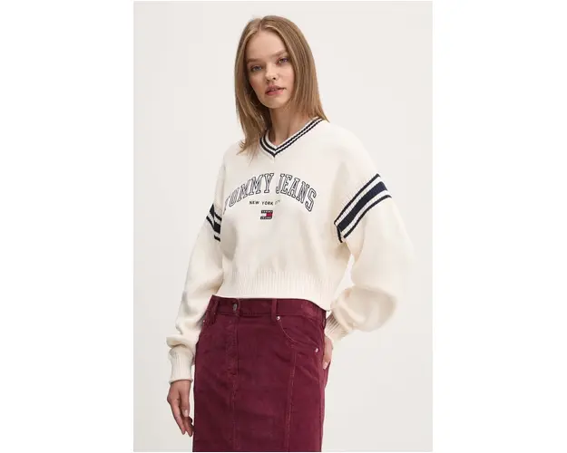 Tommy Jeans pulover de bumbac culoarea bej, calduros, DW0DW18692