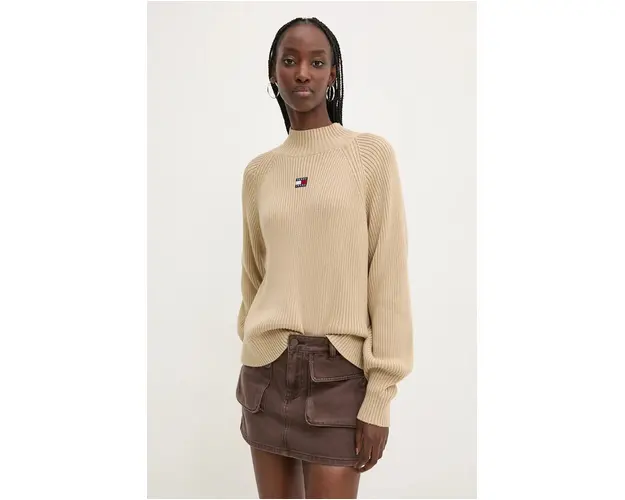 Tommy Jeans pulover de bumbac culoarea bej, cu turtleneck, DW0DW19912