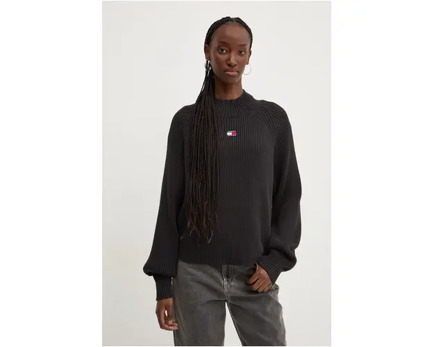 Tommy Jeans pulover de bumbac culoarea negru, cu turtleneck, DW0DW19912